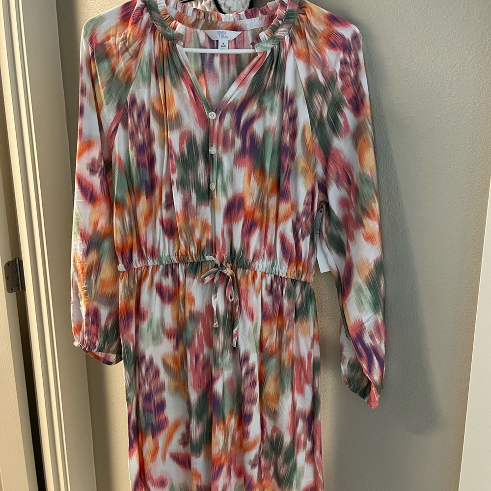 Time and Tru Multicolor Watercolor Tie-Waist Long Sleeve Dress
